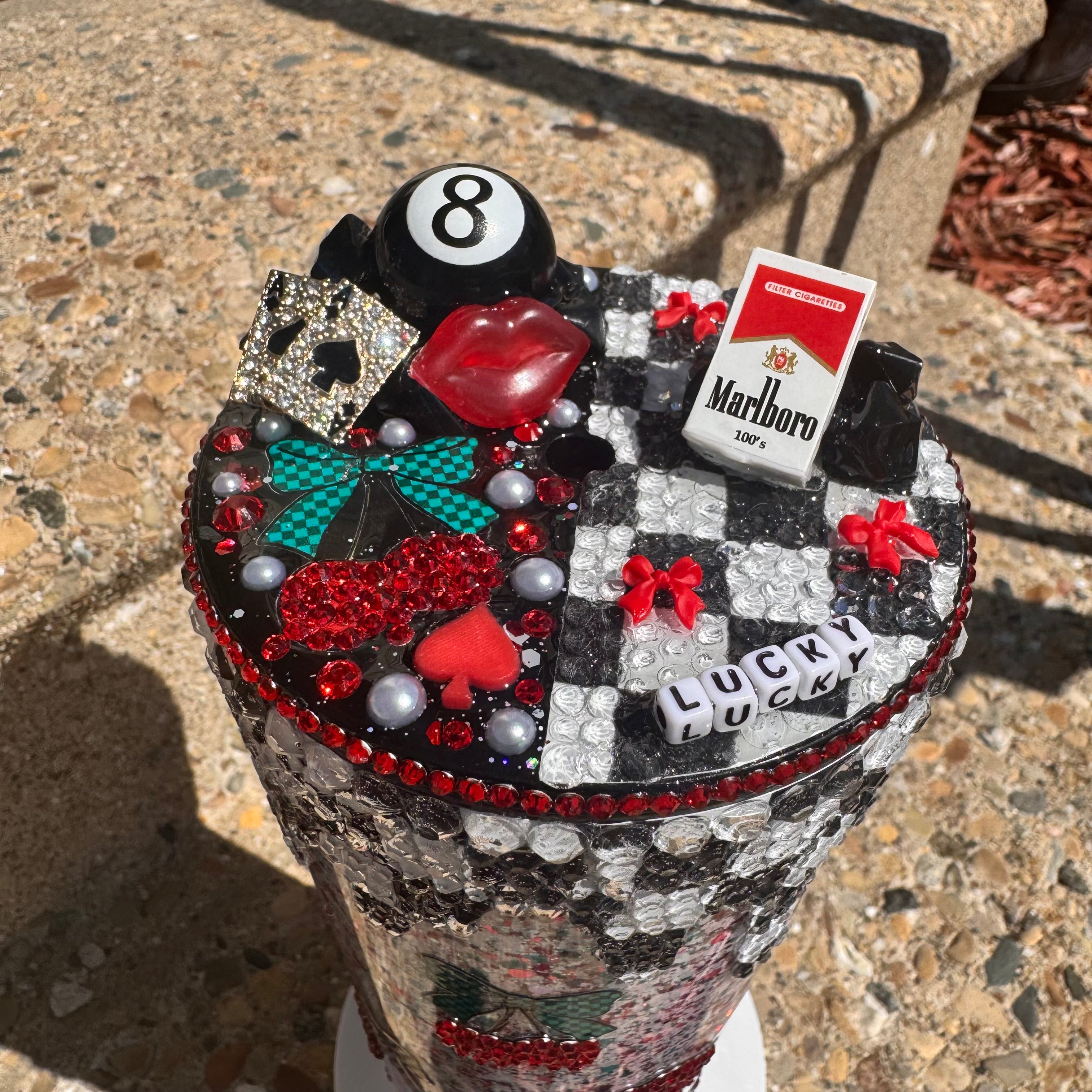 Lucky Checkered • 24 Oz Dry Snowglobe w/ Rhinestone Drip & decorated lid