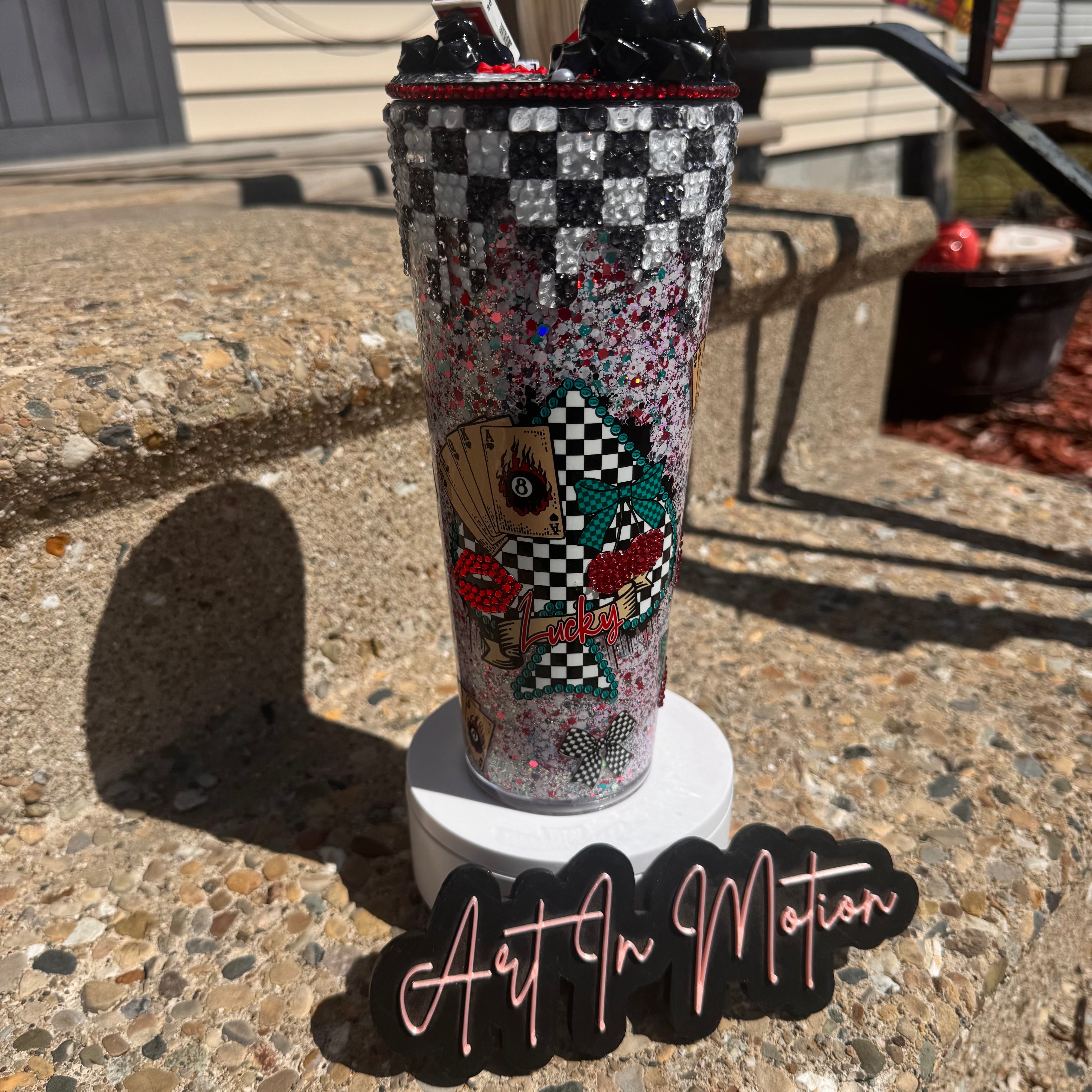 Lucky Checkered • 24 Oz Dry Snowglobe w/ Rhinestone Drip & decorated lid